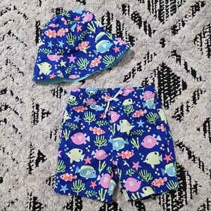 Gymboree Boys Neon Fish Swimtrunks and Bucket Hat Set Size 6